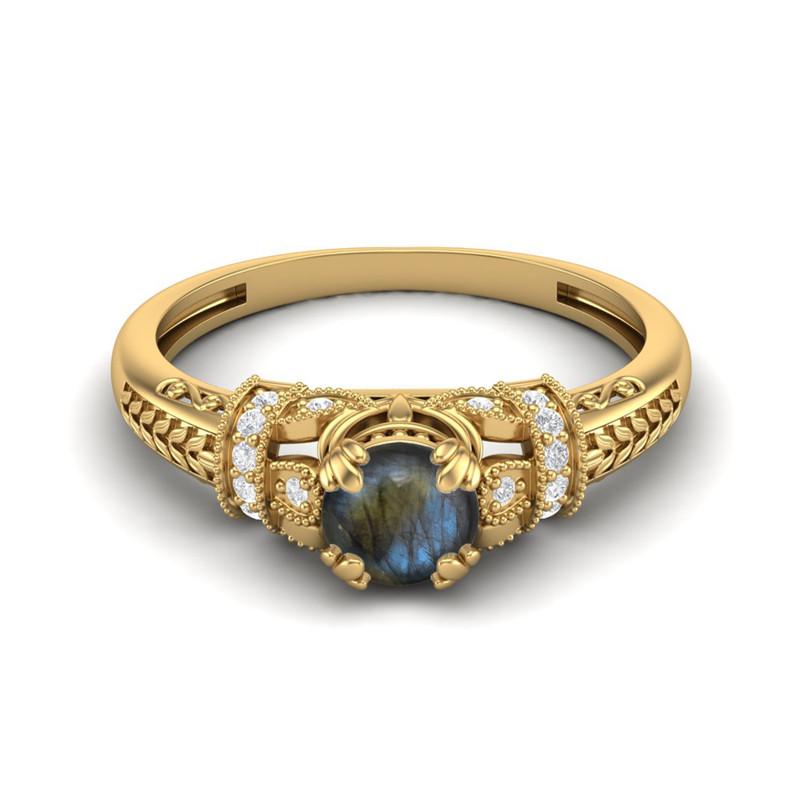 5MM Round Labradorite Gemstone 925 Sterling Silver Gold Plated Solitaire Blossom Design Women Wedding Ring