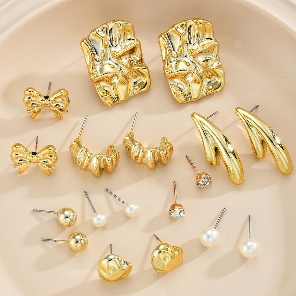18 Pcs/Set Vintage Gold Color Metal Pearl Heart Bow Knot Earrings for Women Elegant Irregular Zircon Stud Earring Jewelry Gifts