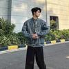 Unisex Retro Mecha Gewaschene Used-Denimjacke mit rohem Saum - High Street Lockerer Schnitt, Stehkragen, Lässiger Stil