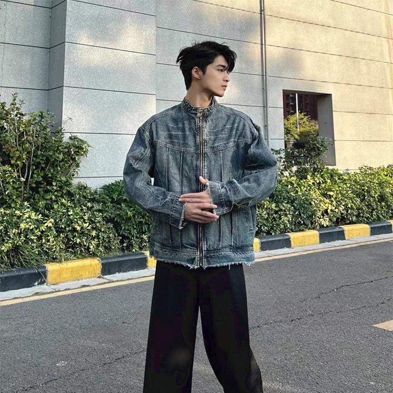 Unisex Retro Mecha Gewaschene Used-Denimjacke mit rohem Saum - High Street Lockerer Schnitt, Stehkragen, Lässiger Stil
