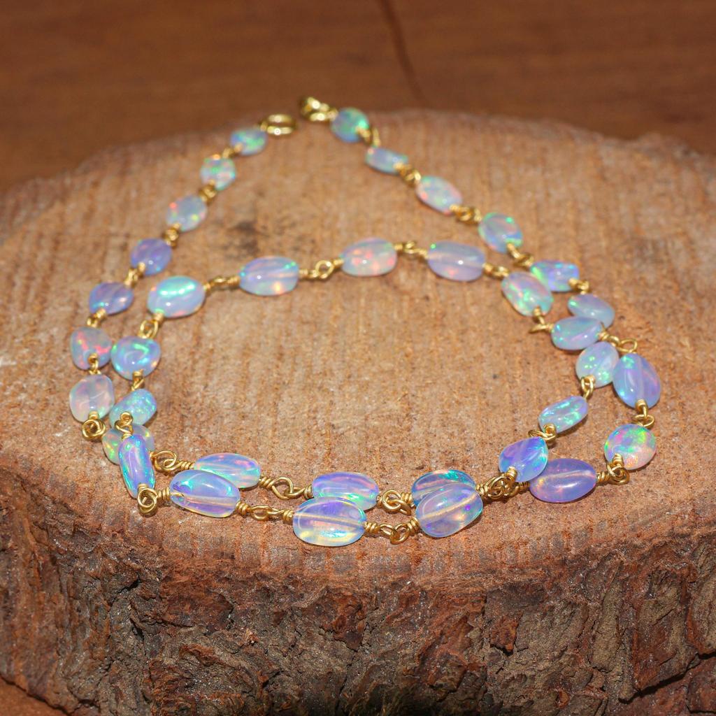 Ethiopian Opal Tumble Bead Necklace: Sterling Silver Wire Wrap, Handmade
