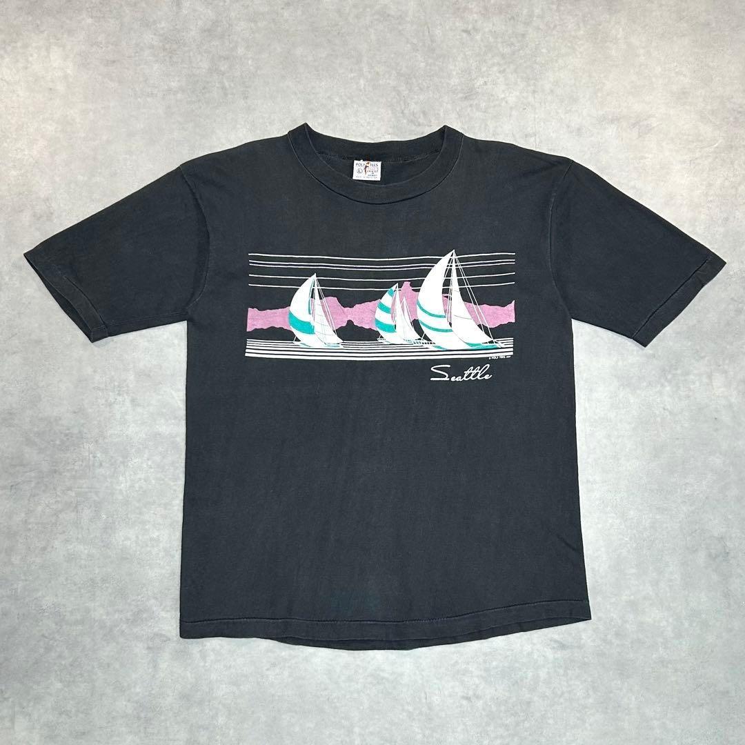 80s Vintage POLY TEES Yacht T-Shirt Short Sleeve Black Single Stitch XL