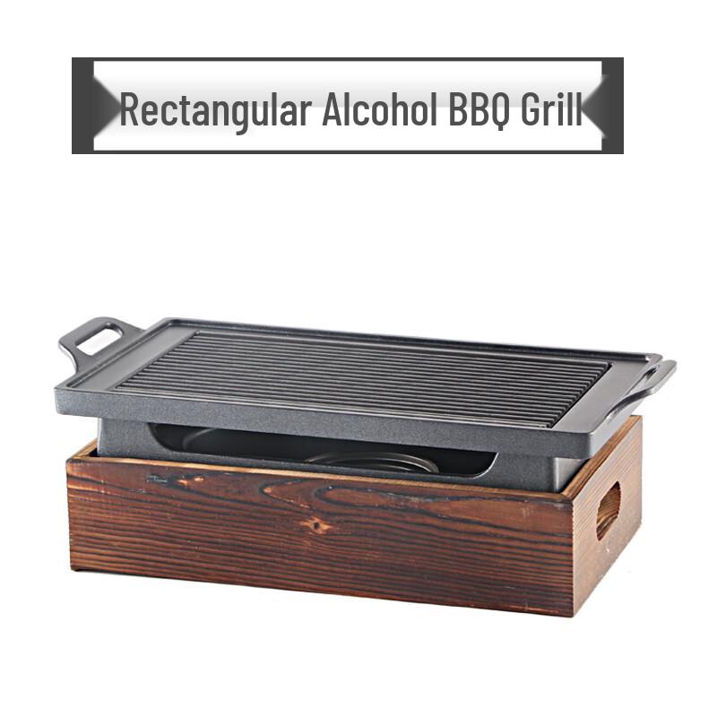 Korean Style Solid Alcohol BBQ Grill with Wooden Frame & Handle