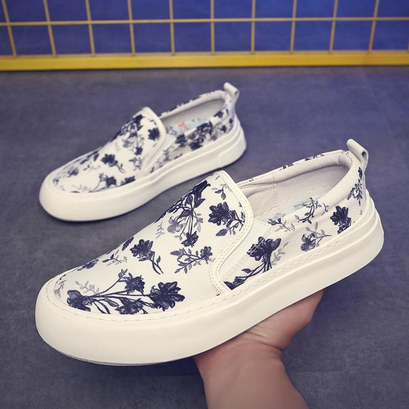 Summer New Men's Flower Pattern Scrawl Canvas Shoes Breathable Casual Slip On Walking Sneakers Footwear Flats