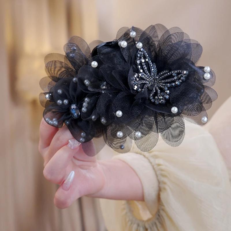 

Women Mesh Flower Pearl Butterfly Crab Hair Clip Shark Hair Claw Ladies Girls Temperament Black Headwear 13cm