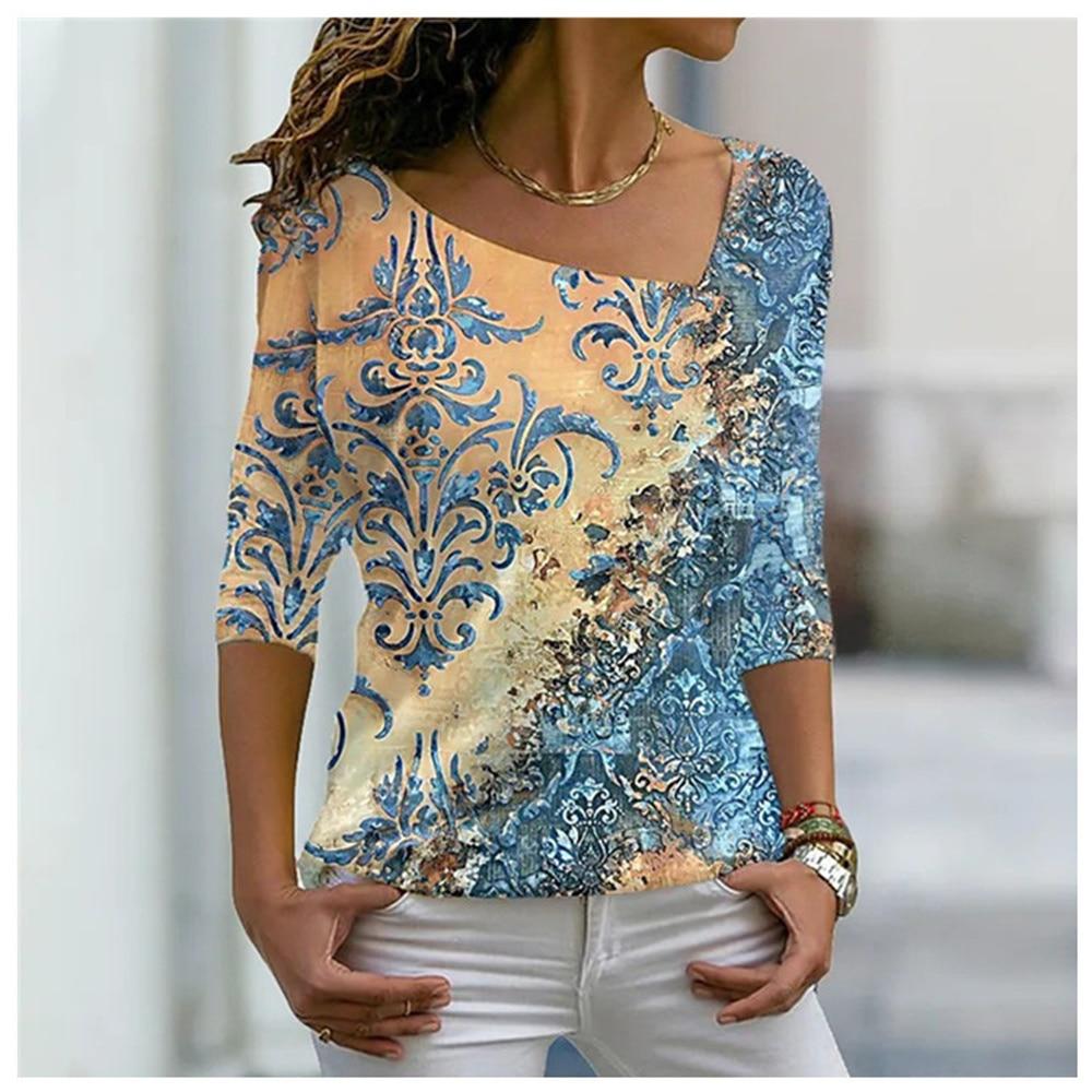 Women's 3D Flower Pattern T-shirt Irregular V-neck Design Y2k Fashion Trend Summer Short Sleeve Sexy Neckline Tshirts 2023