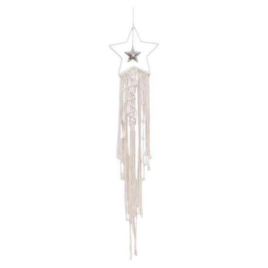 Woven Wall Hanging Wall Decoration with Long Tassel- White Cotton Handmade Home Decor Art Craft for Bedroom Dorm Garden