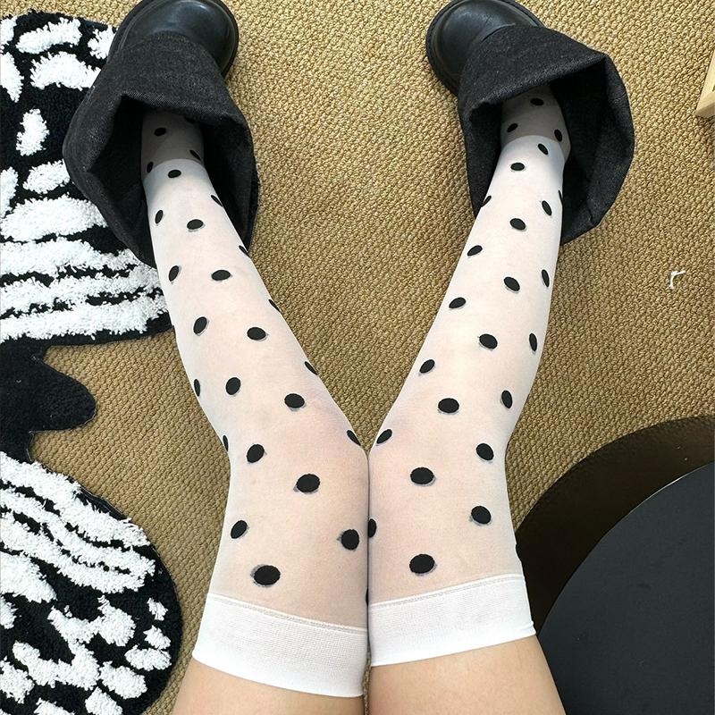 Botvotee Polka Dot Thin and Sexy Knee-high Socks Women Velvet Tights Lolita Thin Thigh High Stockings K White Long Socks