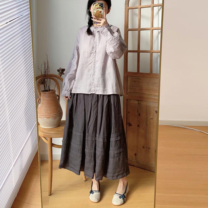 Johnature Vintage lenjerie cu volane guler acordeon cu mâneci plisate cămăși de primăvară ocazional largi de culoare solidă bluze pentru femei