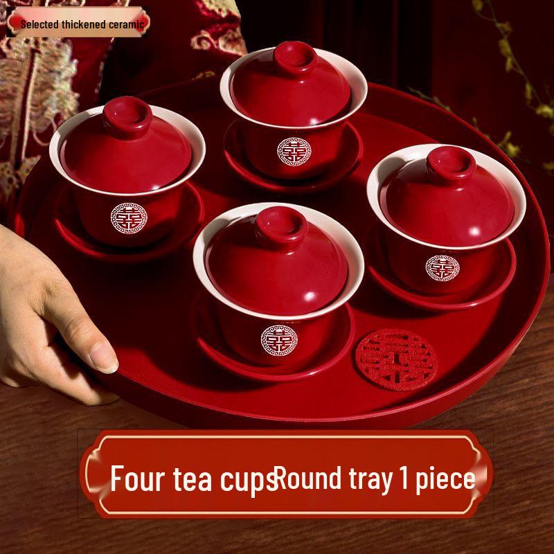 Red Wedding Tea Set: Complete Cups, Lid, Bowl & Chopsticks Set for a Joyous Occasion