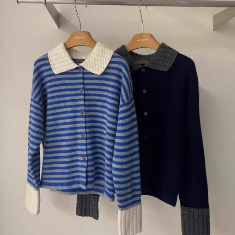 

Striped polo neck long-sleeved sweater knitted sweater women s early autumn lazy and relaxed wearing jacket top one size fits all тёмно-синий