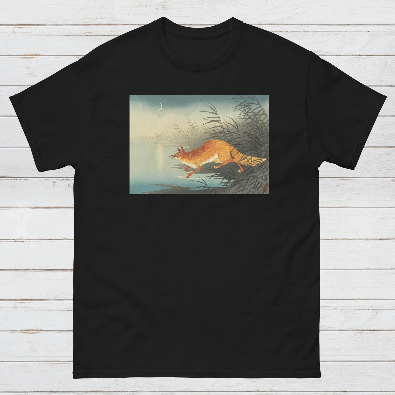 Ukiyo-e Fox T-Shirt, Japanese Art Moon Design S