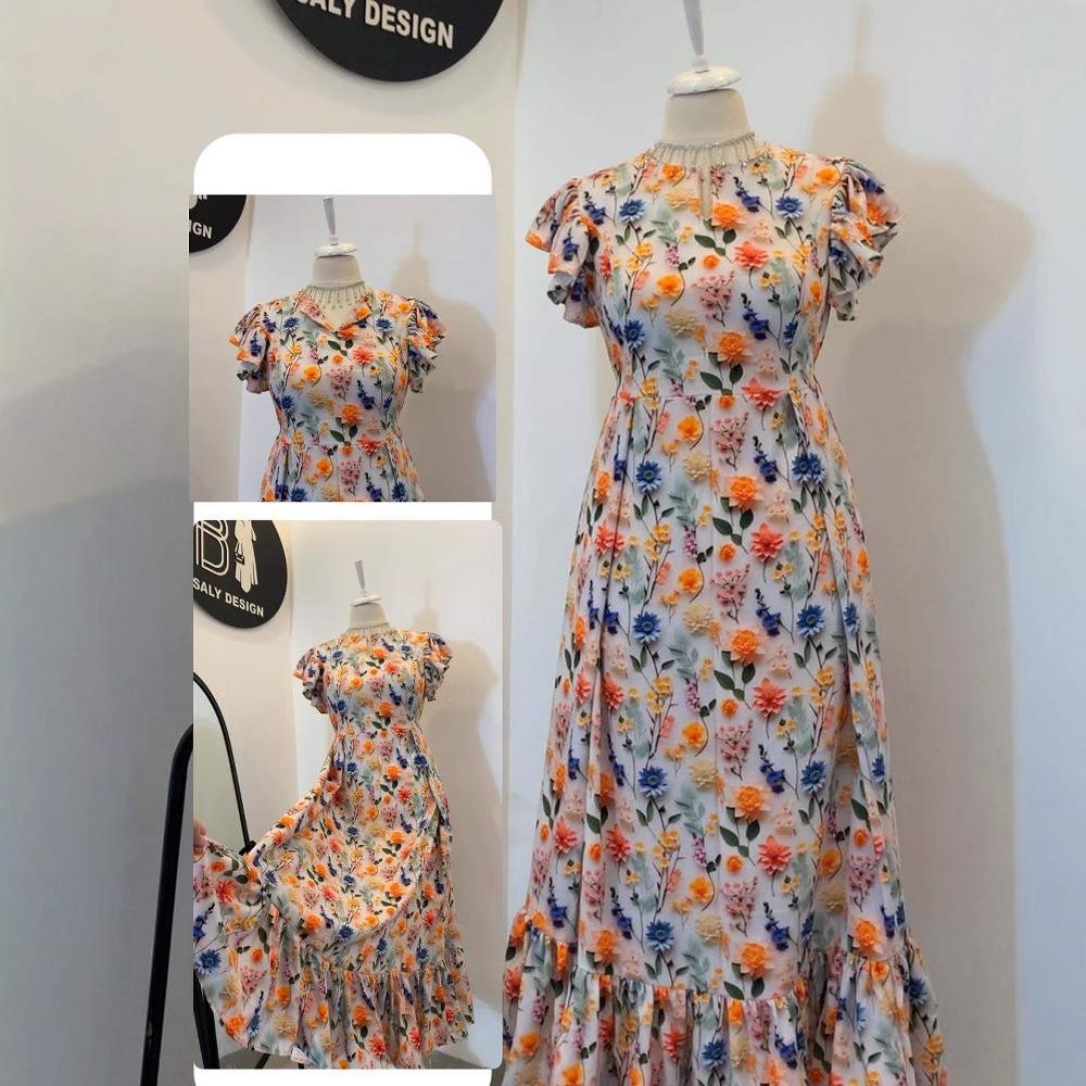 European and American Women's Clothing Fashion Short-sleeved Summer New Temperament Printed Thin Medium and Long Casual Pendulum Dress