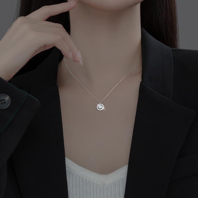 Colier cu diamante cu pandantiv rotund din argint 925 la modă, lanț de claviculă, bijuterii de modă pentru femei pentru cadou de nuntă