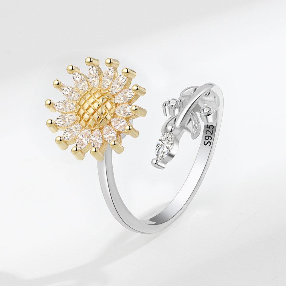 Sunflower Adjustable Ring With Cubic Zirconia And Geometric Design For Women