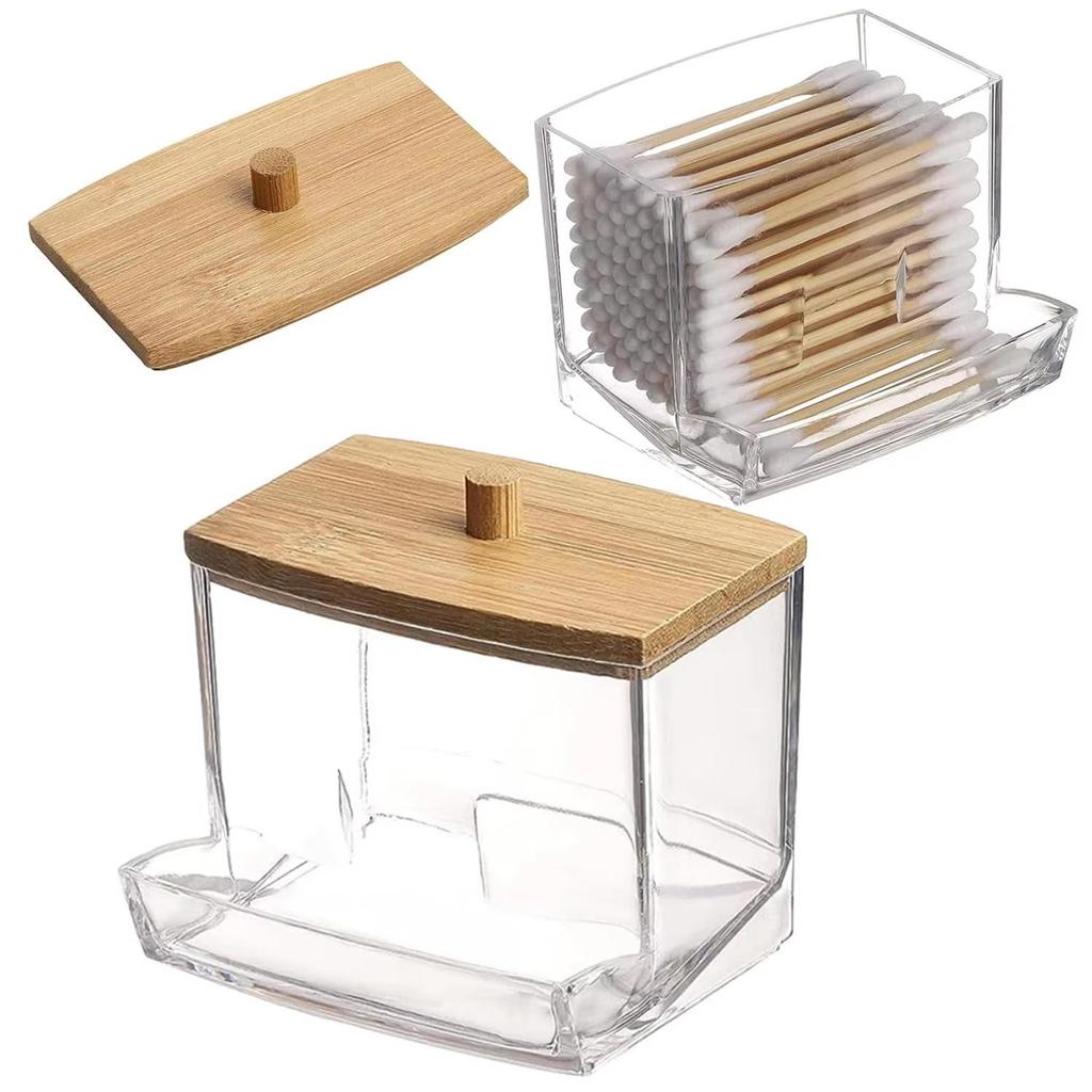 1pcs Cotton Swab Storage Box Acrylic Jar Makeup Organizer Cotton Round Pad Holder Box Q Tip Holder Dispenser with Bamboo Lid