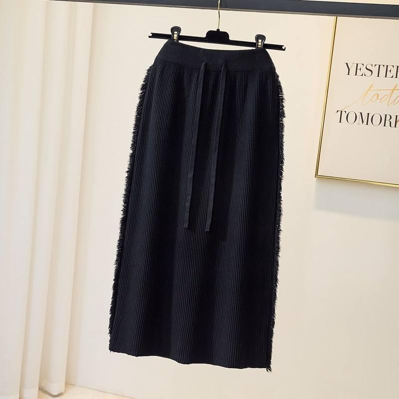 Autumn/Winter 2025 High-Waisted Drawstring Fringe Midi Knit Skirt for Women