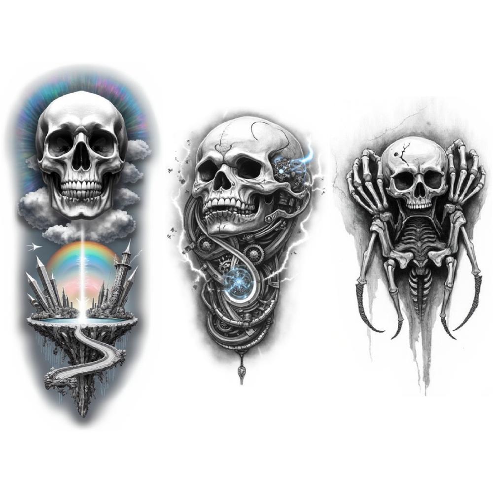 3pcs Temporary Tattoo Tattoo Skull Realistic Temporary Tattoos Skull And Rainbow Crow Skeleton Black And Grey Realism For Men