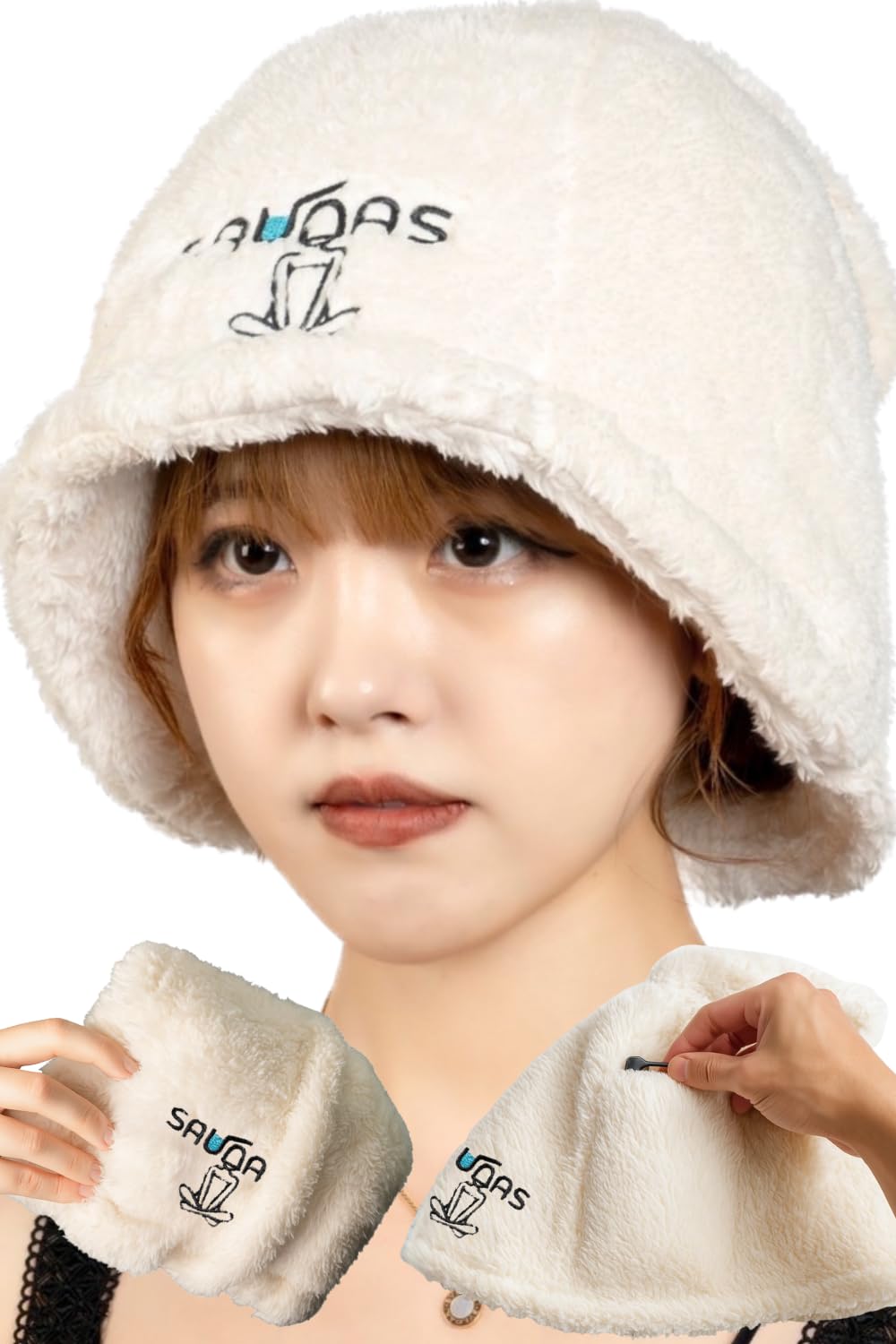 

[сауны] Шапка для сауны женская - Большого размера с карманом, 4-сторонняя эластичность, Сверхтолстая двухслойная, Быстросохнущее полотенце, Белая