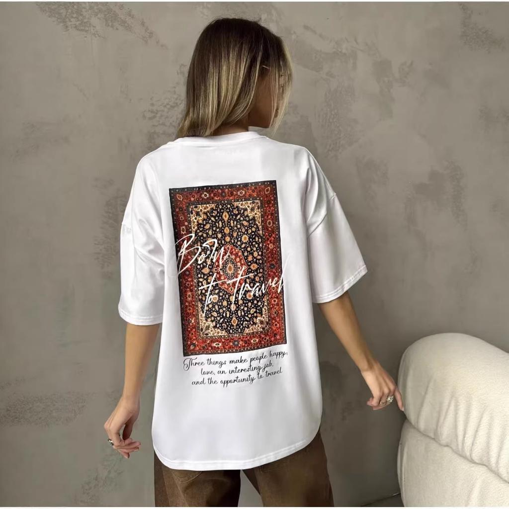 BF style American printing loose retro ins% pure cotton short-sleeved national tide European and American style age reduction niche T-shirt women's