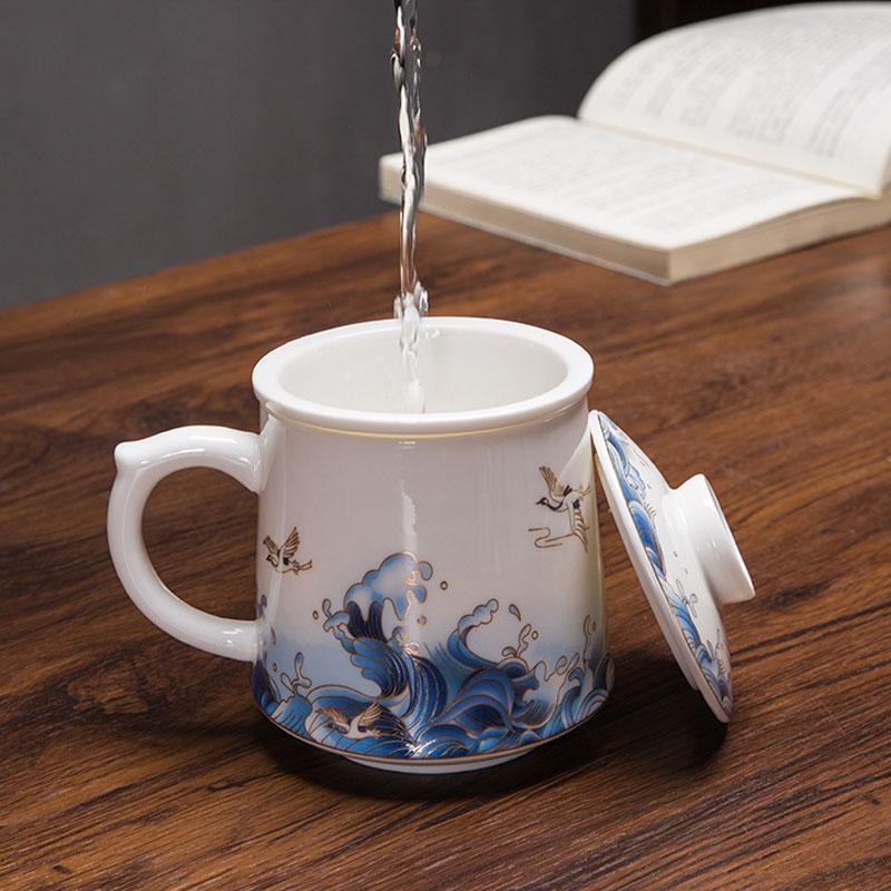 Chinese Style Ceramic Tea Mug with Infuser Lid Sets Vintage Pattern Mug  for Teacup Loose Leaf Tea for Home Office