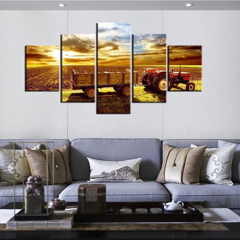 5 Panel Posters Retro Tractor Harvest On Farm Wall Art Pictures Home Decor Modular Canvas HD Paintings Living Room Decoration