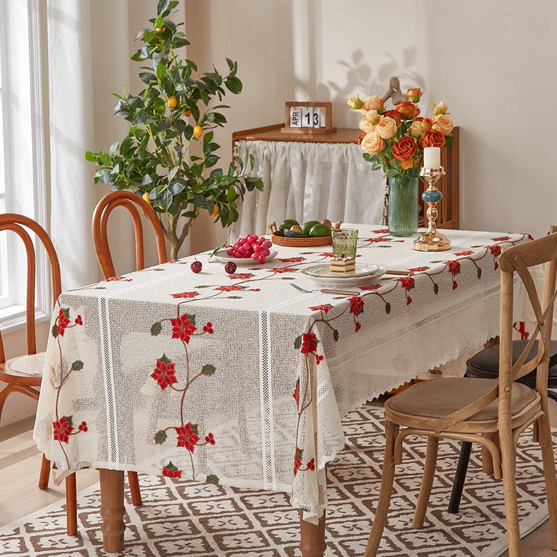 American Christmas Red Lace Tablecloth - High-End Polyester Decoration for Coffee & Dining Tables