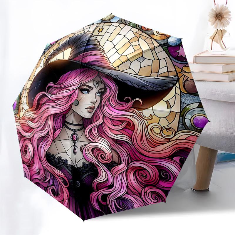 

1pc Stained Glass Witch Design Automatic Opening/Closing Umbrella - Portable Tri-Fold Design with 8-Bone Iron Frame, Outdoor, Festive Gift for Fans, T