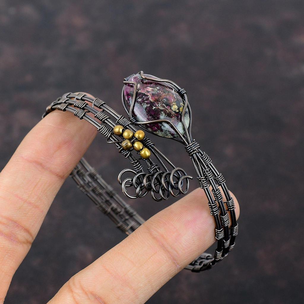 Eudialyte Cuff Bracelet Copper Wire Wrapped Bangle Adjustable Cuff Handmade Bracelet Gemstone Bangle Copper Wire Wrap Jewelry Gift For Mom