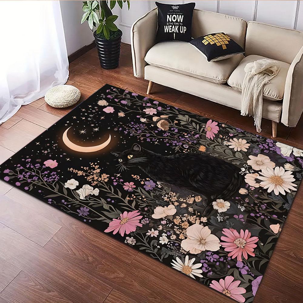 Black Cat Under Moonlit Floral Sky Patterned carpet, suitable as a non slip play mat for the living room and bedroom sofa