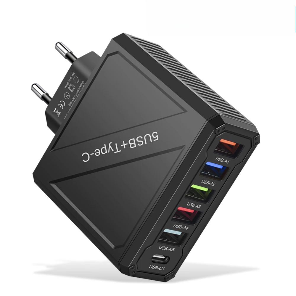 15W USB Type C Charger 6 Ports PD Fast Charge Adapter Quick Charge3.0 for IPhone Samsung Xiaomi Huawei Mobile Phone Wall Charger
