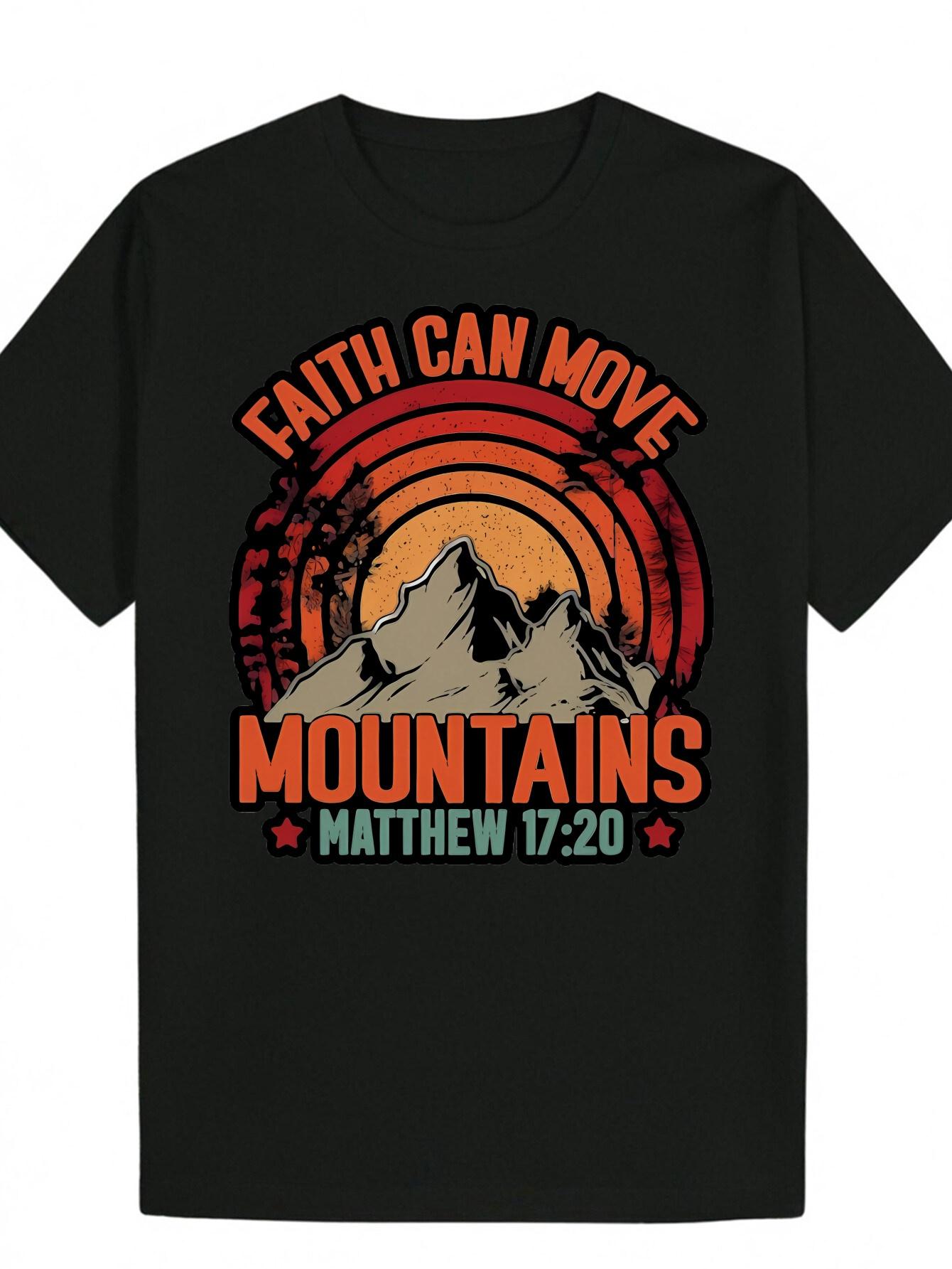 Black Summer Casual T-shirt with Mountain Landscape Print &  Faith Can Move Mountains  Matthew 17:20 Design - Breathable Polyester XXL