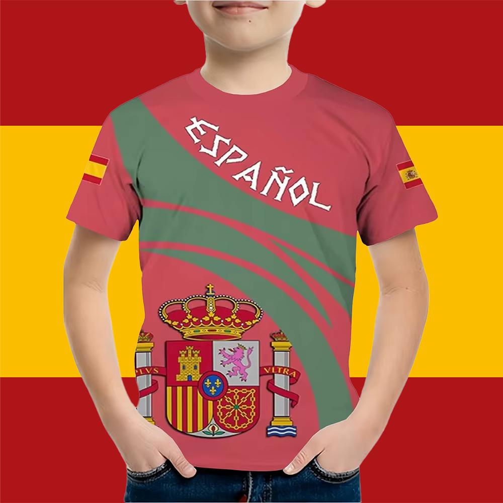 Boys Clothes Spanish Flag Graphic T-Shirt Vintage Casual Short Sleeved Kids Clothes 2-14Y Summer Outdoor Spanish Child Top Tee