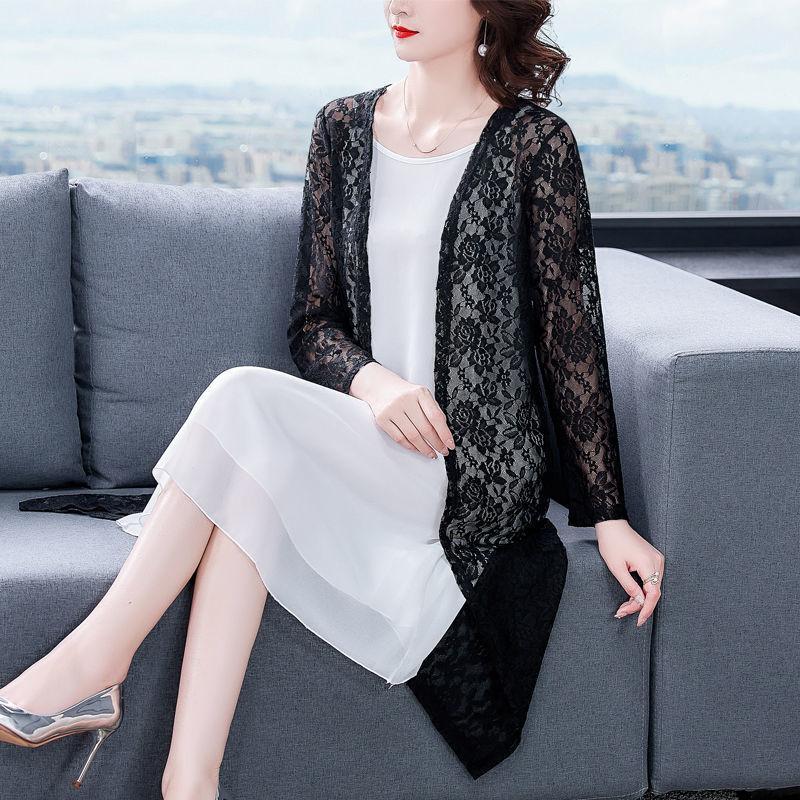 Sommer-Spitzenbluse Damen Übergröße Mittellang Dünne Schaljacke Sonnenschutzkleidung Offene Vorderseite Bluse