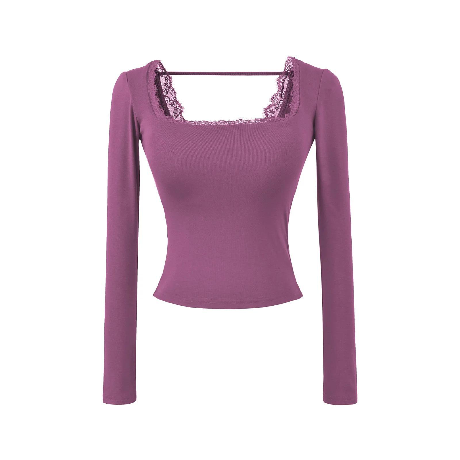 

Women s Pure Desire Lace Trim Long Sleeve Slim Fit Top with Chest Pads - Ideal for Spring and Autumn Small