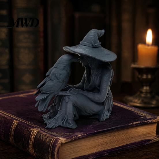 Unique Halloween Gift 3D Printed Witch Statue, Gothic And Raven Sculpture, Retro Style Room Decor Mystical Figurine for Home Desktop Shelf Mantel