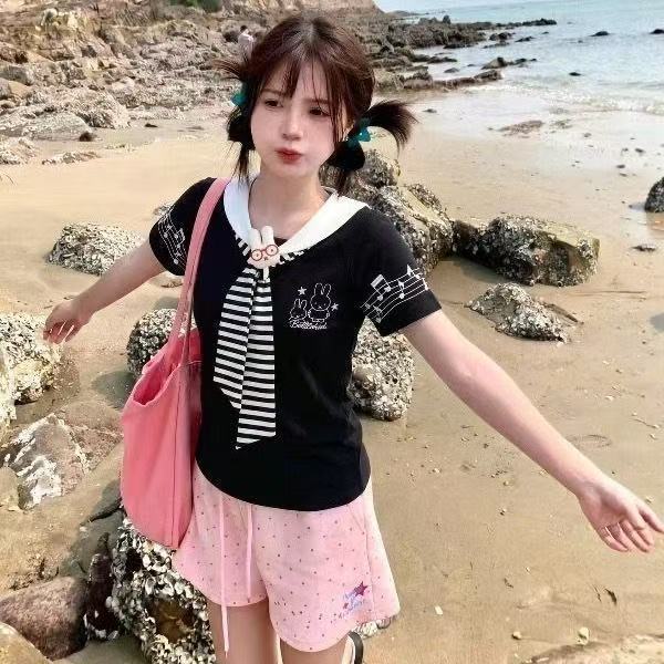 Sweet shawl navy collar short-sleeved t-shirt women's summer design is unique and beautiful, age-reducing wear and chic tops are trendy