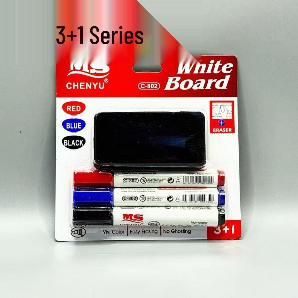 Four-Color Whiteboard Marker Set with Built-In Erasers for Meetings and Teaching.