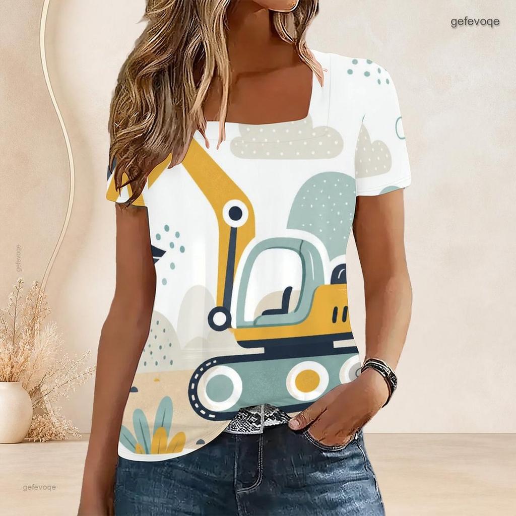 Women Plus Size Short Sleeve U Neck T Shirt Cartoon Excavator Dump Truck Construction Vehicle Print Top