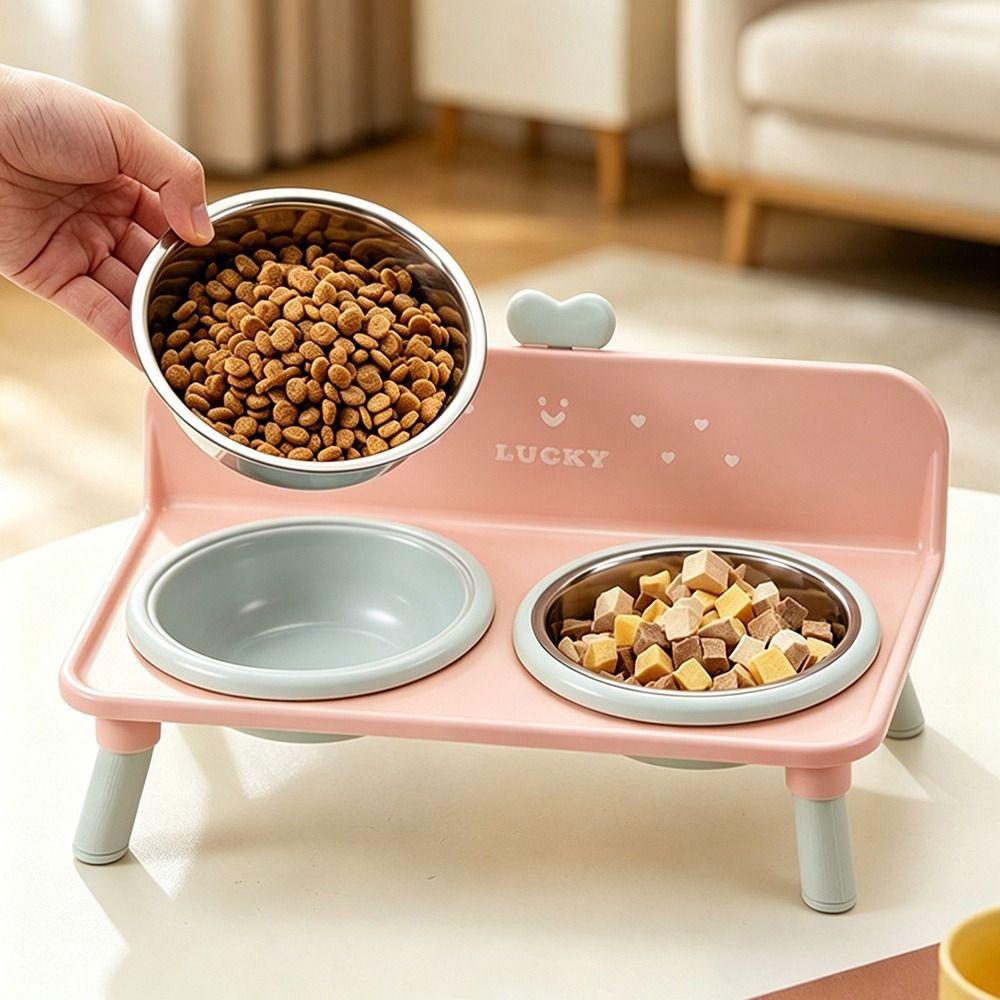 Love-heart Double Bowl Cat Bowl Stainless Steel Dog Water Bowl Cat Feeder Bowl for Puppy and Cat