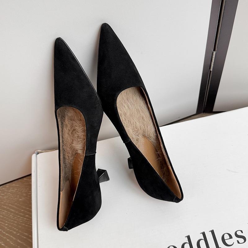 Fleece Women's Single Shoes 2025 Autumn New Korean Version High-heeled Leather Single Shoes Women's Commuting One-pedal Doudou Shoes Floating Shoes