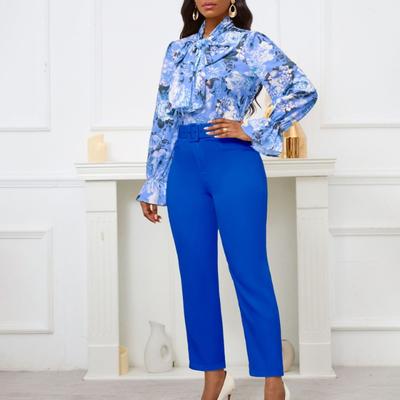 New Fashion Printed Strap Long Sleeve Top High Waist Trousers Casual Pants Set