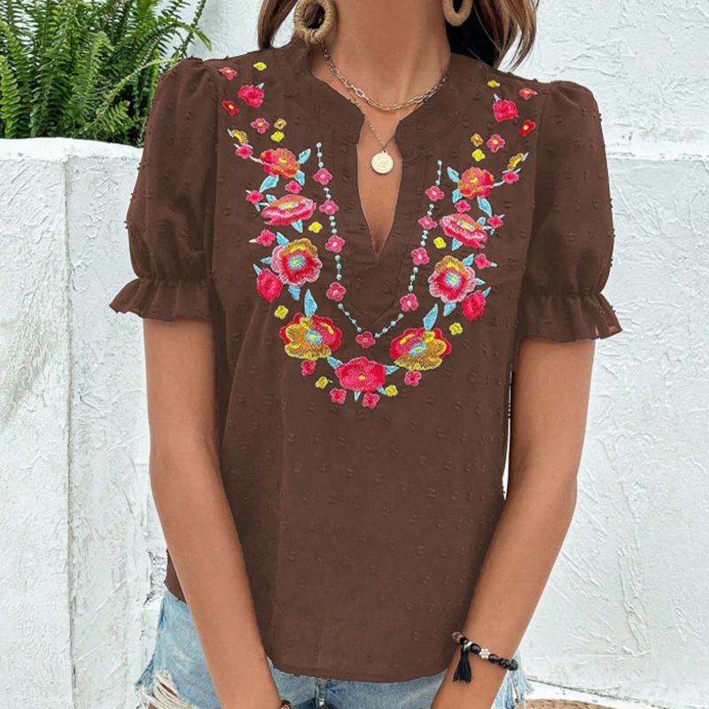 Ladies Summer Ruffles Short Sleeve V Neck Embroidery Casual Pullover Blouse Shirt Top