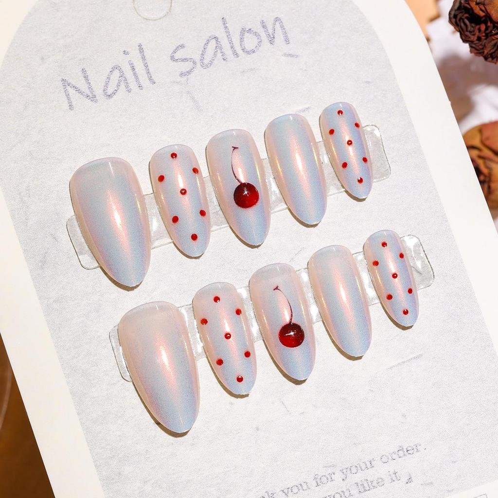 Cherry Milk Tea Almond Cat Eye 3D Aurora Polka Dot Wearable Nail Stickers