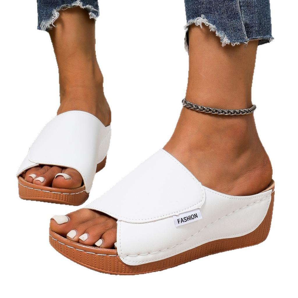 Large size platform casual slippers shoes new wide strip simple fish mouth wedge slippers