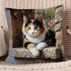 Cozy Cat Portrait Floral Print Pillow Cushion Cover Decorative Home Decor Boho Style Pet Gift 40x40cm