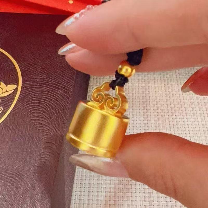 Unisex Gold Fu Character Seal Pendant Necklace - Versatile Couple Style Ruyi Design.