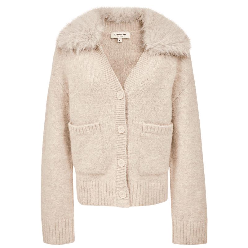 Veromoda Cardigan da donna in misto lana con scollo a V e colletto in pelliccia staccabile
