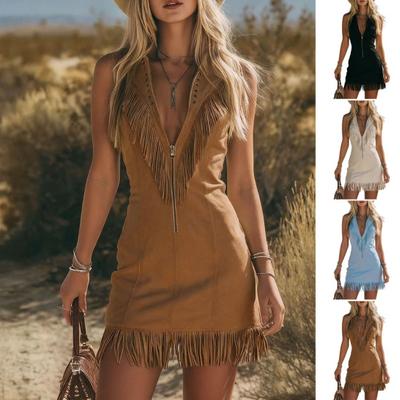 Damen Wildlederimitat Fransen Cowgirl Kleid Boho Halber Reißverschluss V-Ausschnitt A-Linie Trägerkleid Vintage Quasten Ärmellos Minikleid