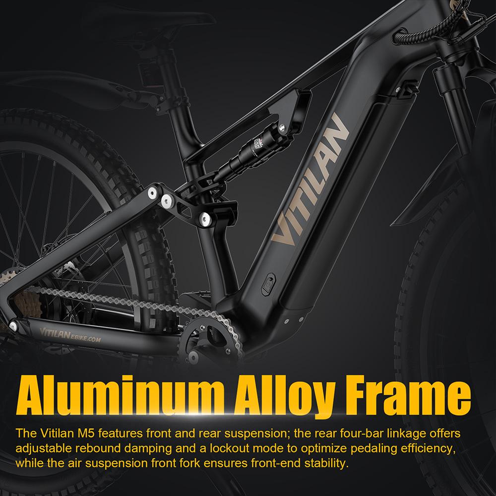Electric Bicycle All Terrain Vitilan M5 27.5" Tire 500W Motor Fully Suspended Adult Electric Bike 48V 15Ah Dual Hydraulic Brakes Max Load 150Kg